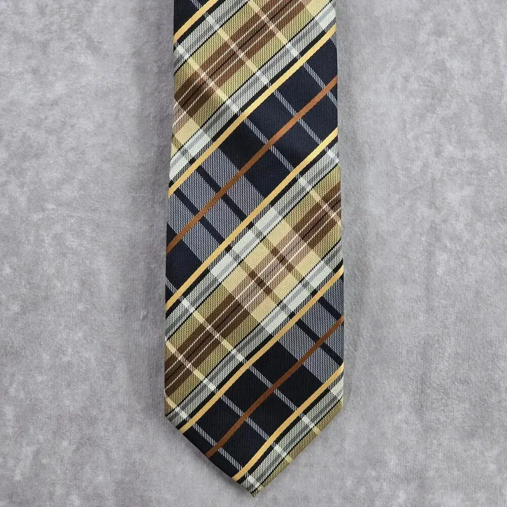 Bergamo New York Black Gold‎ Plaid Stripe Tartan 100% Poly Men's Neck Tie NWOT